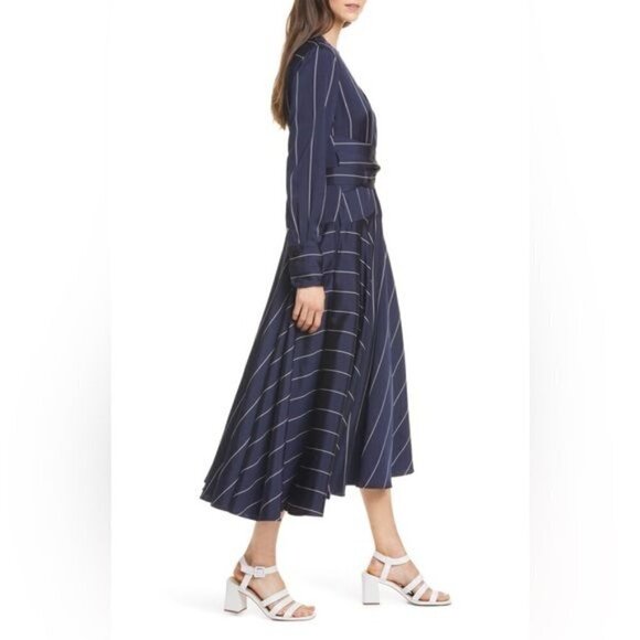 La Ligne New York Sadie Striped V Neck Long Sleeve Midi Dress Navy Blue White S - Picture 3 of 13